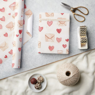 Red Hearts Cream Envelopes Love Wrapping Paper