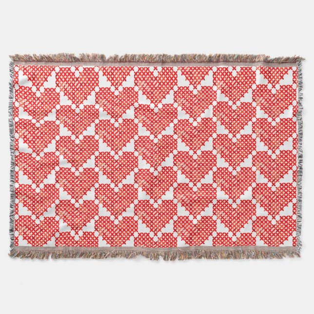 Red Hearts Cross Stitch Look Country Throw Blanket (Front)