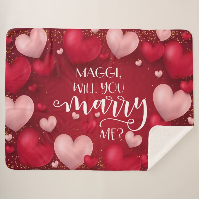 Red Hearts Custom Marriage Proposal Sherpa Blanket (Front (Horizontal))