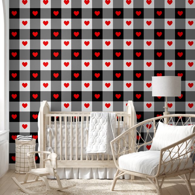  Red Hearts Cute Fun Black White Chequered Nursery Wallpaper (Kids)