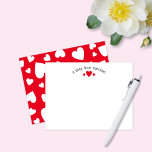 Red Hearts Cute Girly Note Card<br><div class="desc">This cute design features space for your text in a pretty curve over a trio of heart graphics with a random pattern of hearts on the back! Click the customise button if you would like to move/scale the images and further modify the text! Variations of this design, additional colours, as...</div>