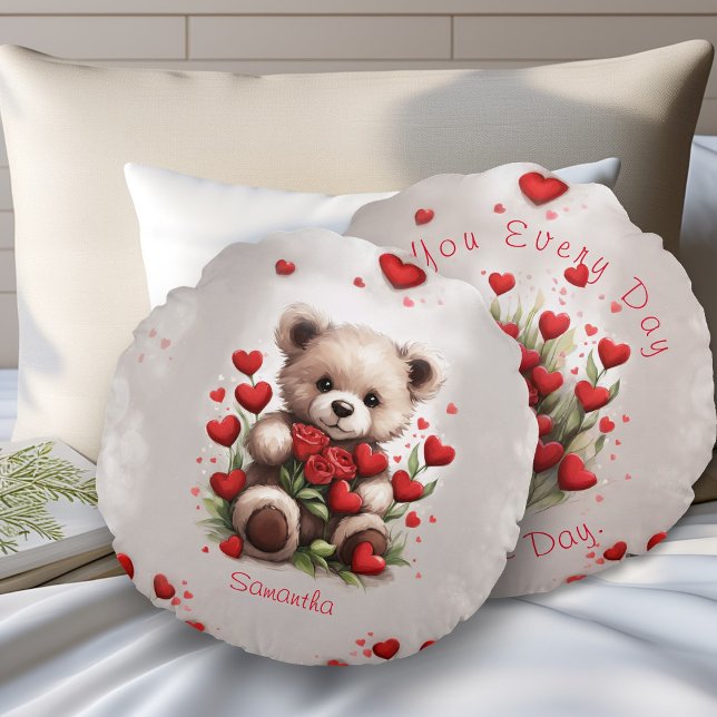 Red Hearts Cute Teddy Bear & Roses Valentines Day Round Cushion (Creator Uploaded)