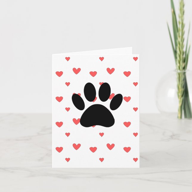 Red Hearts Drawing With Dog Paw Print Background Card (Front)