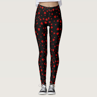 Red Hearts Floating Pattern on Black Leggings