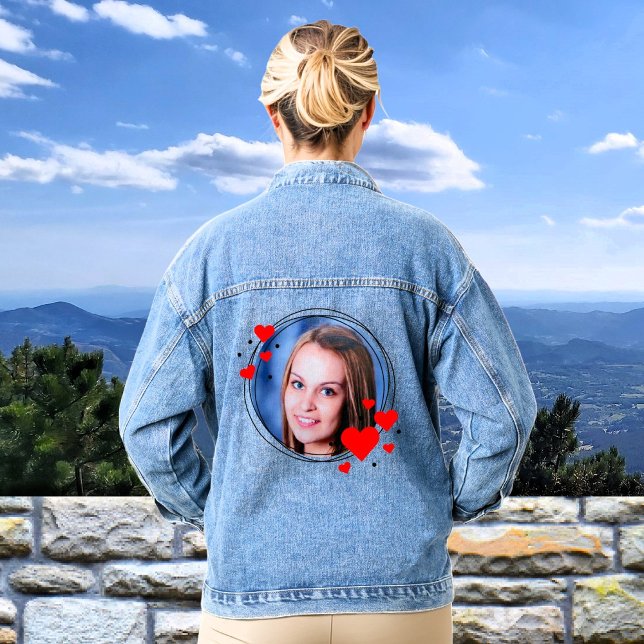 Red Hearts Framed Custom Photo Personalised Denim Jacket (Creator Uploaded)