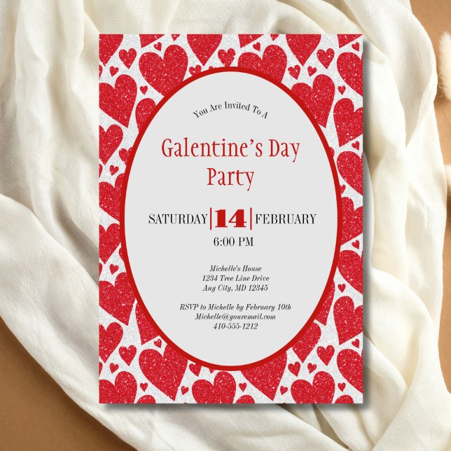 Red Hearts Glitter Sparkle Galentine's Day Party Invitation (Red Hearts Glitter Sparkle Galentine's Day Valentines Day Party invitation)