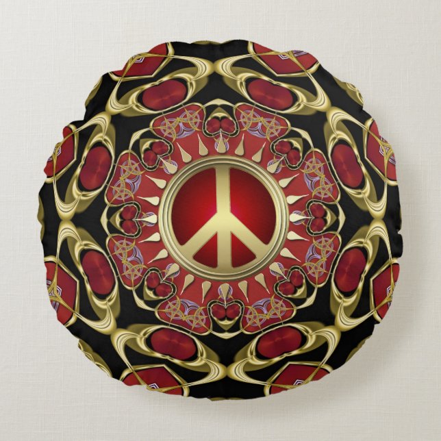 Red Hearts Gold Peace Power Love Round Pillow (Front)