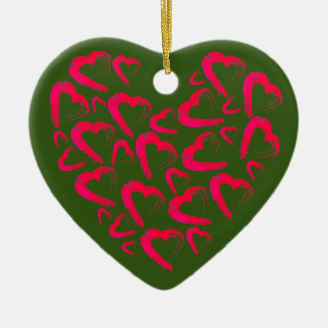 Red Hearts Green Ceramic Ornament (Front)