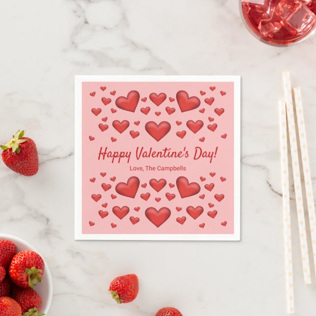 Red Hearts Happy Valentine's Day & Custom Text Napkin (Insitu)