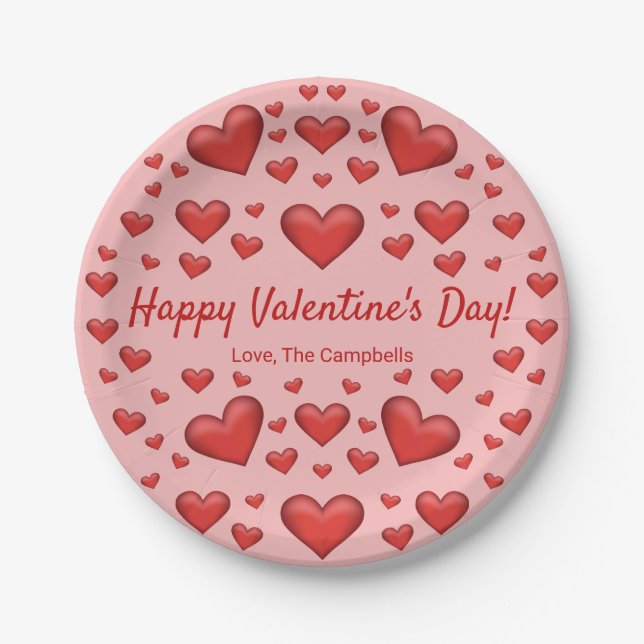 Red Hearts Happy Valentine's Day & Custom Text Paper Plate (Front)