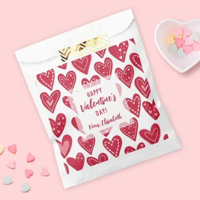 Red Hearts Happy Valentines Day Kids Classrooom Favour Bag (A cute red heart pattern treat bag. Personalize them for a kids classroom Valentines day exchange)
