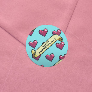 Red Hearts Happy Valentine's Day Pixel Art Pattern Classic Round Sticker