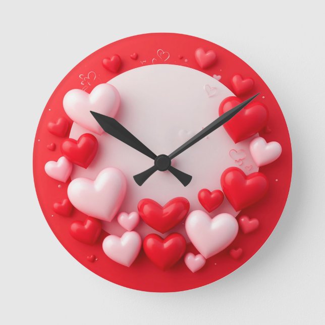 Red hearts in various sizes and shades round clock (Front)