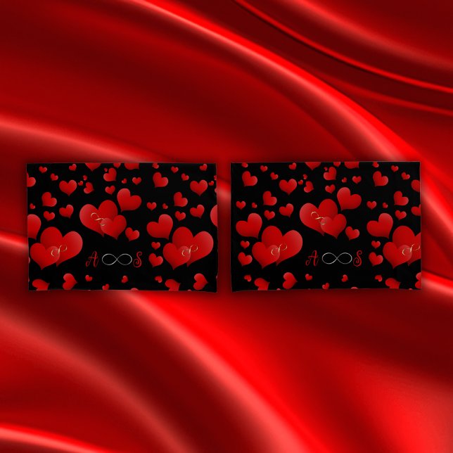 Red Hearts Infinity Initials Monogram on black | Pillowcase (Creator Uploaded)