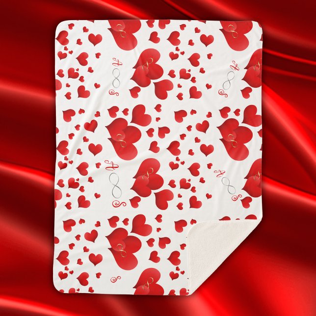 Red Hearts Infinity Initials Monogram on white | Sherpa Blanket (Creator Uploaded)