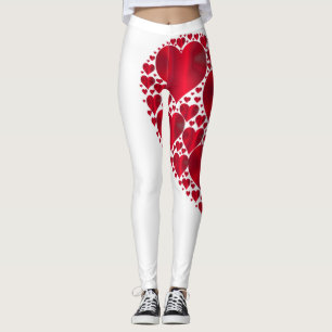 Red Hearts Lace Design on White Background Leggings