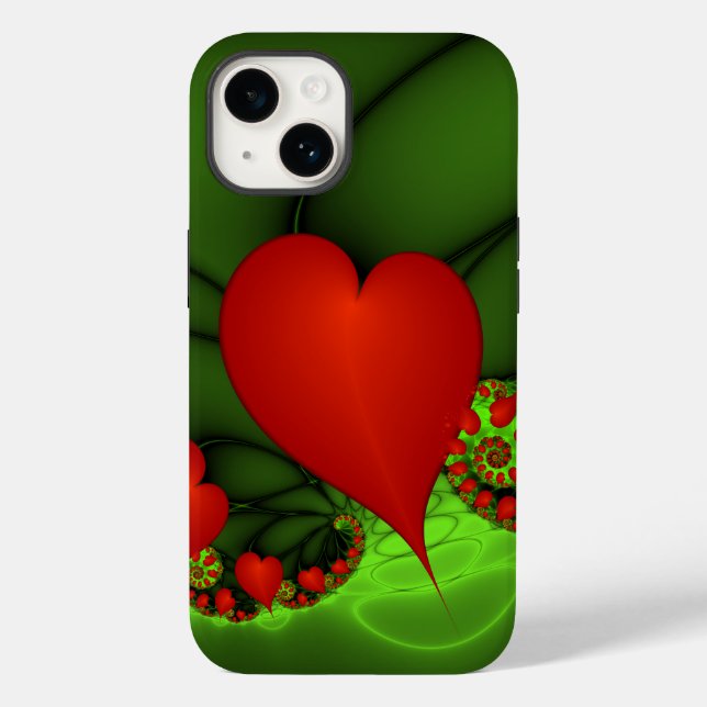 Red Hearts Lime Green Modern Abstract Fractal Art Case-Mate iPhone Case (Back)