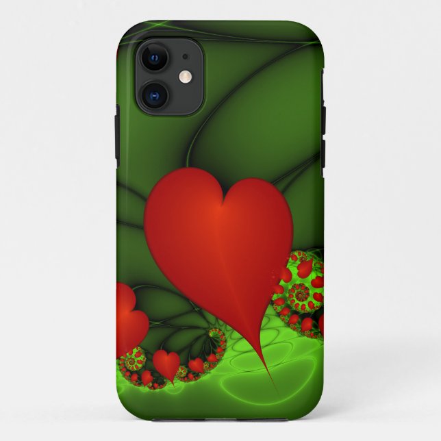 Red Hearts Lime Green Modern Abstract Fractal Art Case-Mate iPhone Case (Back)