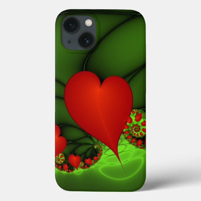 Red Hearts Lime Green Modern Abstract Fractal Art Case-Mate iPhone Case (Back)