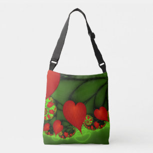 Red Hearts Lime Green Modern Abstract Fractal Art Crossbody Bag