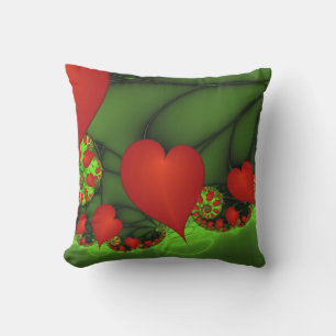 Red Hearts Lime Green Modern Abstract Fractal Art Cushion