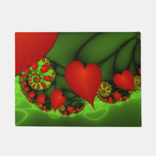 Red Hearts Lime Green Modern Abstract Fractal Art Doormat