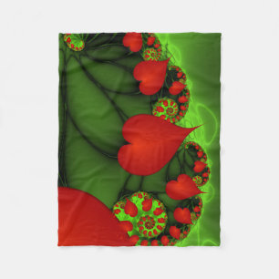 Red Hearts Lime Green Modern Abstract Fractal Art Fleece Blanket