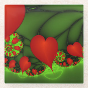 Red Hearts Lime Green Modern Abstract Fractal Art Glass Coaster