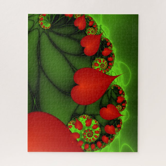 Red Hearts Lime Green Modern Abstract Fractal Art Jigsaw Puzzle (Vertical)