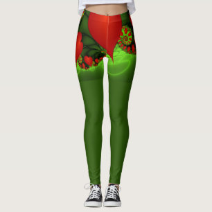 Red Hearts Lime Green Modern Abstract Fractal Art Leggings