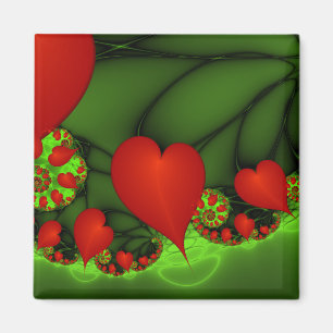 Red Hearts Lime Green Modern Abstract Fractal Art Magnet