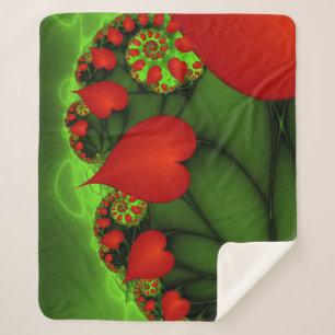 Red Hearts Lime Green Modern Abstract Fractal Art Sherpa Blanket