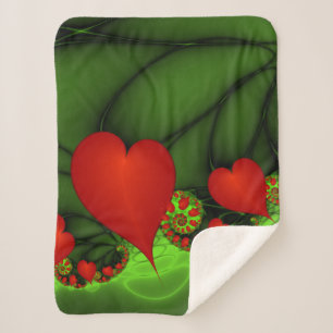 Red Hearts Lime Green Modern Abstract Fractal Art Sherpa Blanket