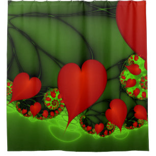 Red Hearts Lime Green Modern Abstract Fractal Art Shower Curtain