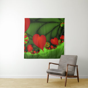 Red Hearts Lime Green Modern Abstract Fractal Art Tapestry