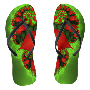 Red Hearts Lime Green Modern Abstract Fractal Art Thongs
