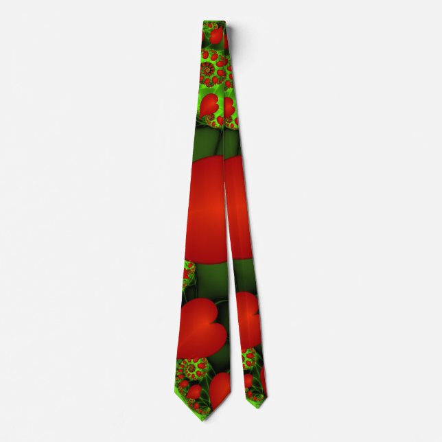 Red Hearts Lime Green Modern Abstract Fractal Art Tie (Front)