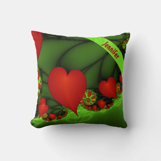 Red Hearts Lime Green Modern Abstract Fractal Name Cushion (Front)
