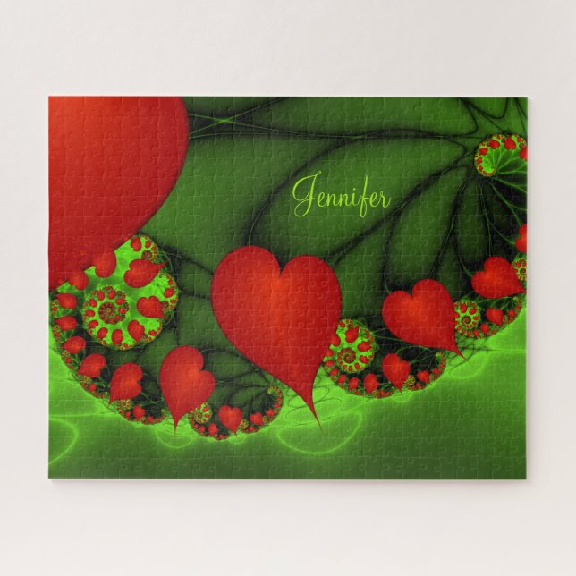 Red Hearts Lime Green Modern Abstract Fractal Name Jigsaw Puzzle (Horizontal)