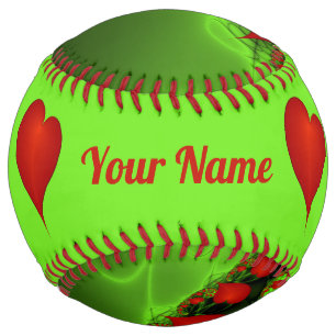 Red Hearts Lime Green Modern Abstract Fractal Name Softball