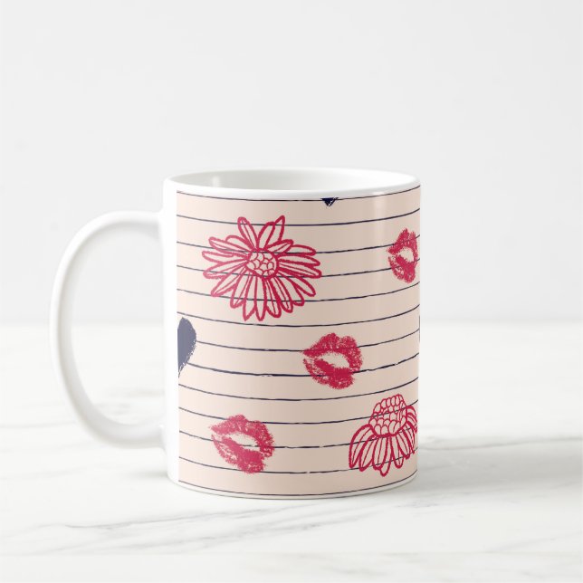 Red hearts, lips, daisies pattern. coffee mug (Left)