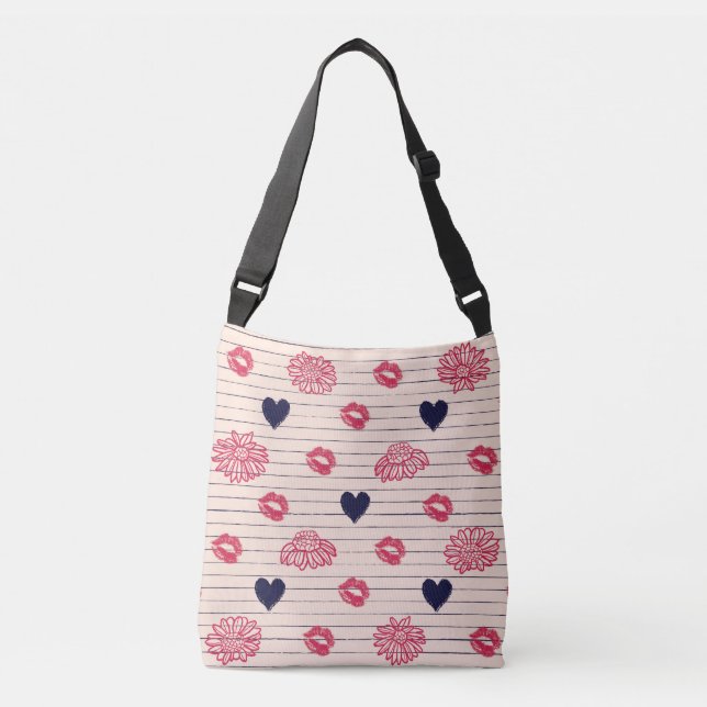 Red hearts, lips, daisies pattern. crossbody bag (Front)