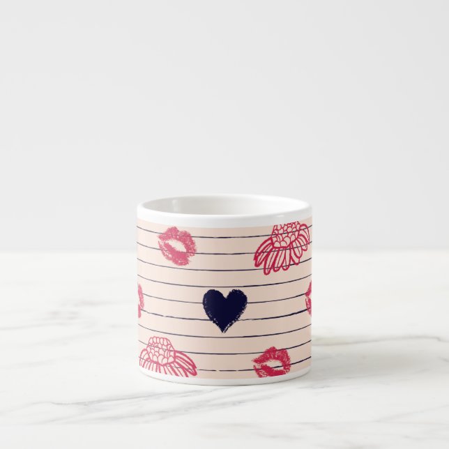 Red hearts, lips, daisies pattern. espresso cup (Front)