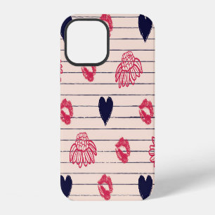 Red hearts, lips, daisies pattern. iPhone 12 case