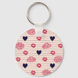 Red hearts, lips, daisies pattern. key ring