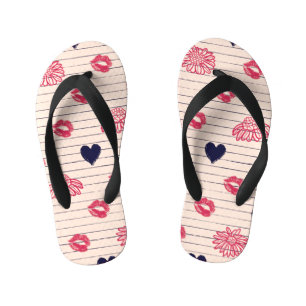 Red hearts, lips, daisies pattern. kid's thongs