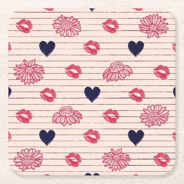 Red hearts, lips, daisies pattern. square paper coaster (Front)
