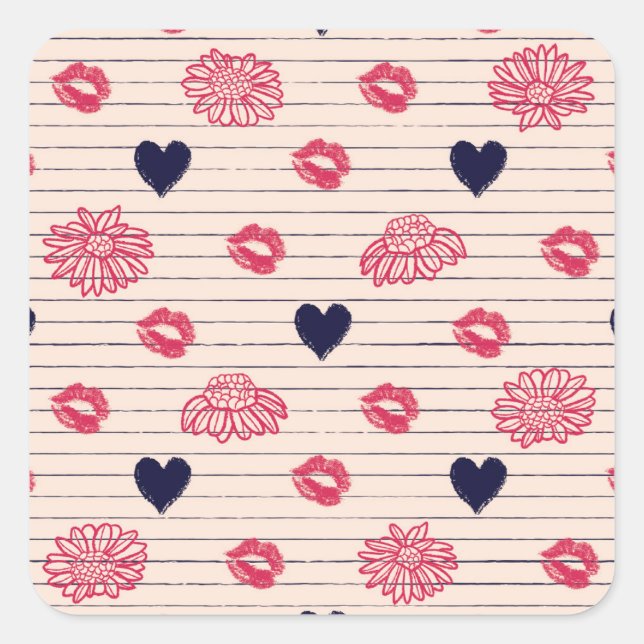 Red hearts, lips, daisies pattern. square sticker (Front)