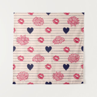 Red hearts, lips, daisies pattern. tapestry