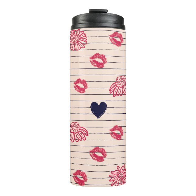 Red hearts, lips, daisies pattern. thermal tumbler (Front)